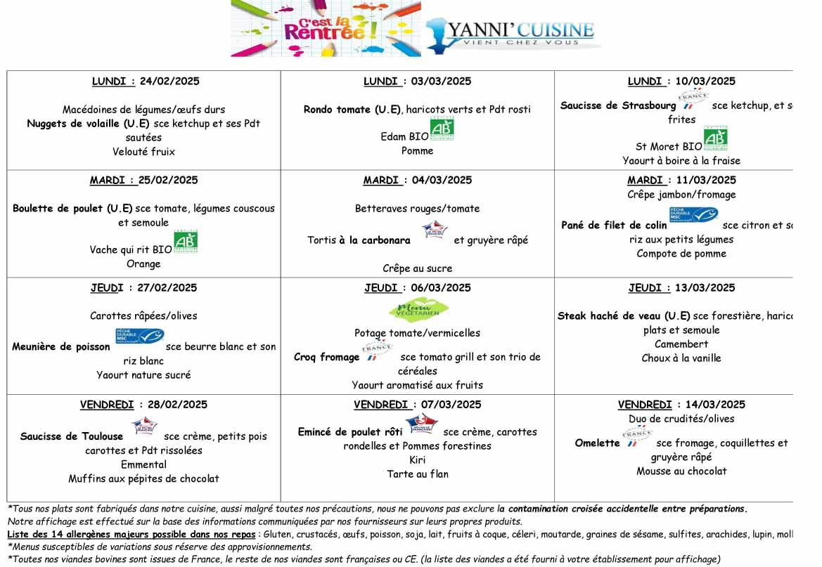 Menus du 24 fevrier au 14 mars