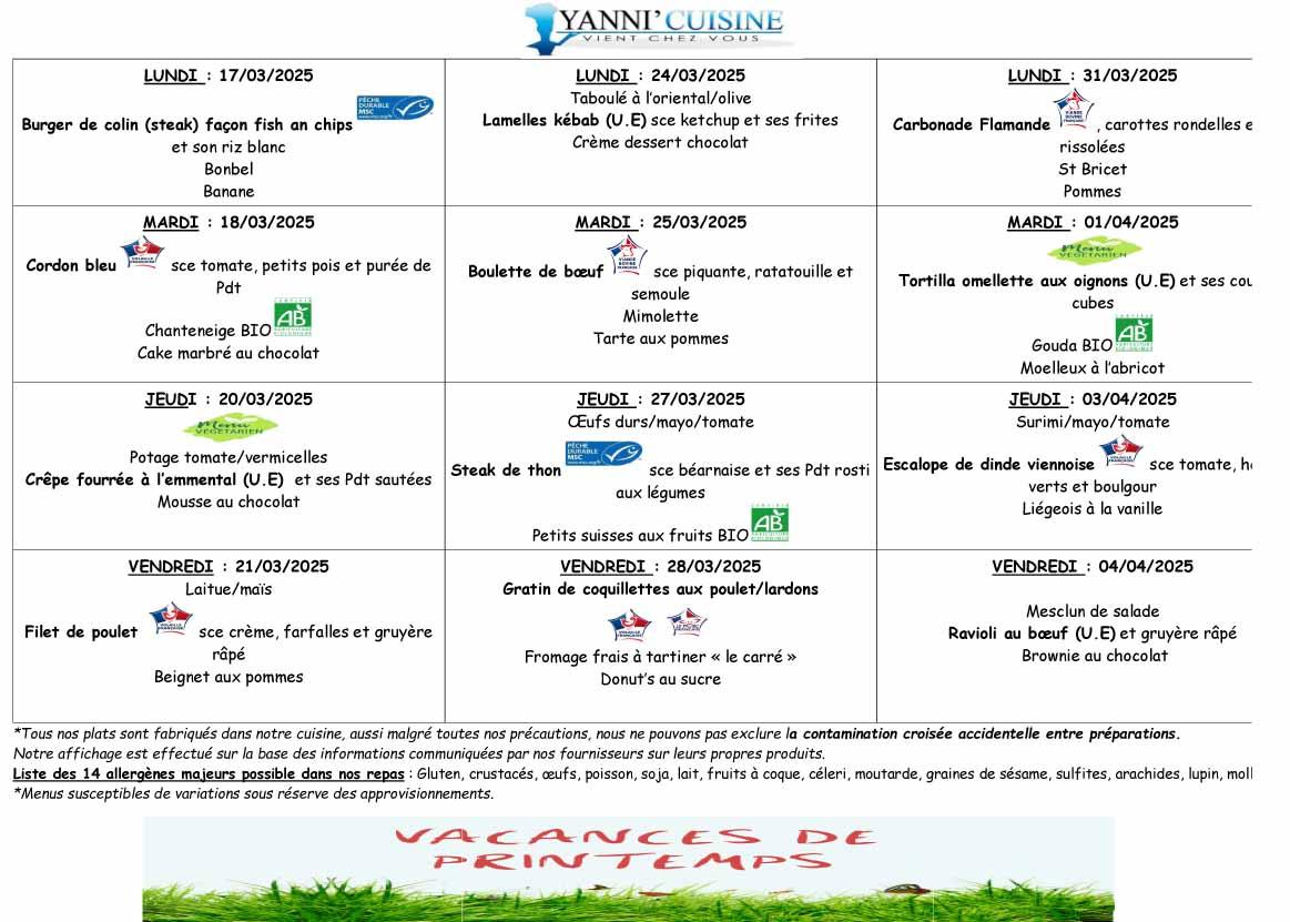 Menus du 17 mars au 4 avril